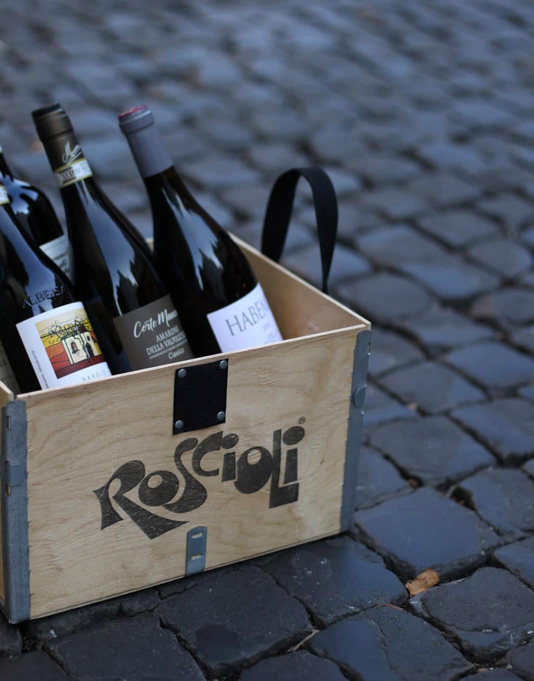 Roscioli italian wine club gifts box on cobblestones